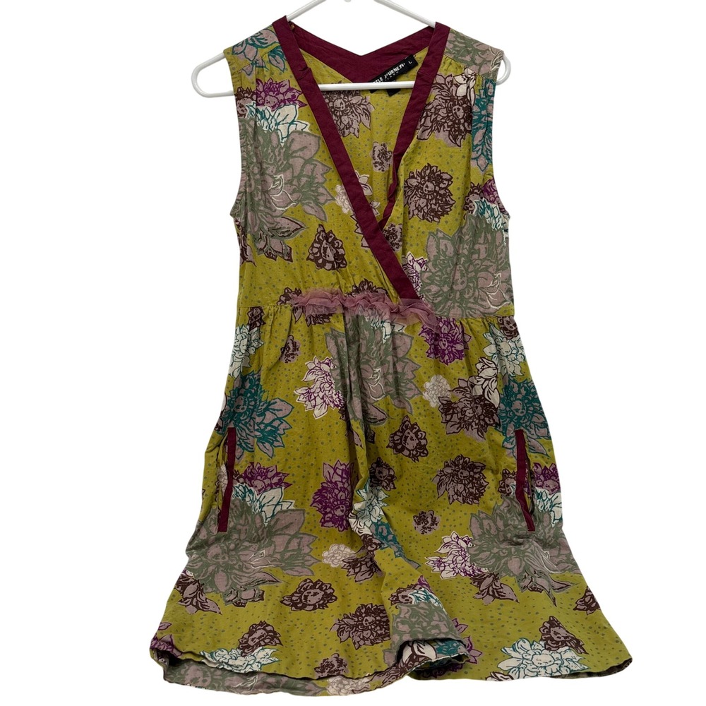 Gentle Fawn Mustard‎ Yellow Floral Faux Wrap Mini Dress Sleeveless Pockets Large